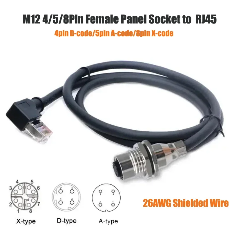 M12 4Pin D-type 5Pin A-type 8Pin X-Code Socket to RJ45 Wire Connector 26AWG Shielded PG9 Socket to Cat6 RJ45 Network Signal Line