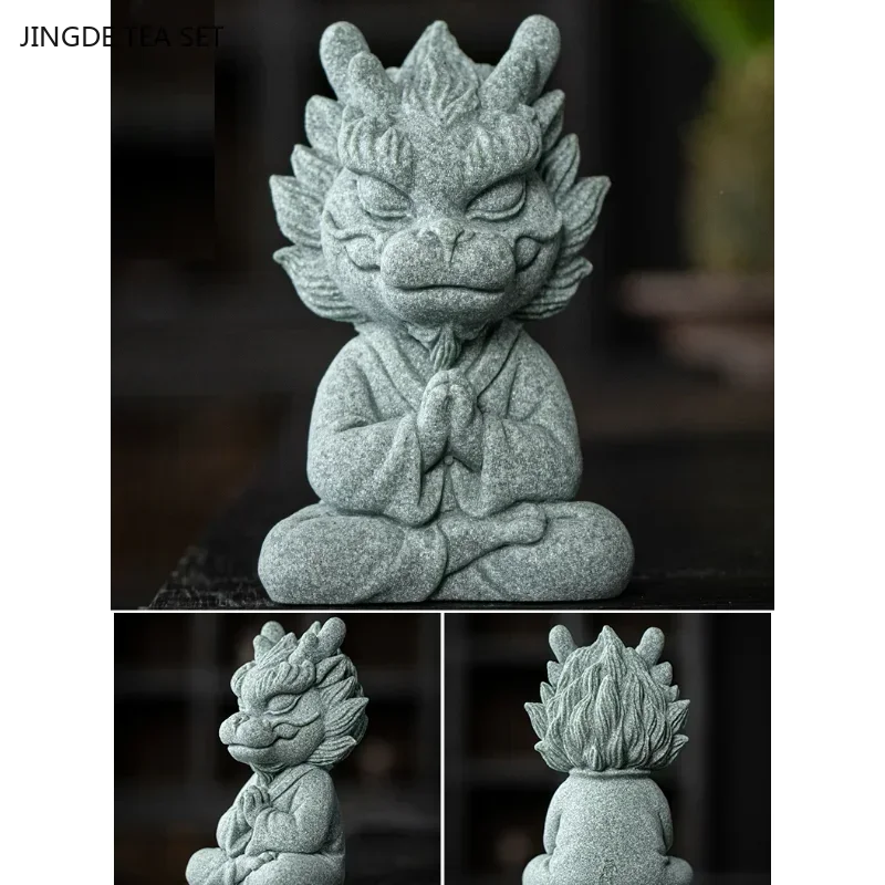 1PCS Premium Green Sandstone Lucky Zodiac Dragon Qilin Tea Pet Ornament Home Desktop Fish Tank Landscape Decoration Gift