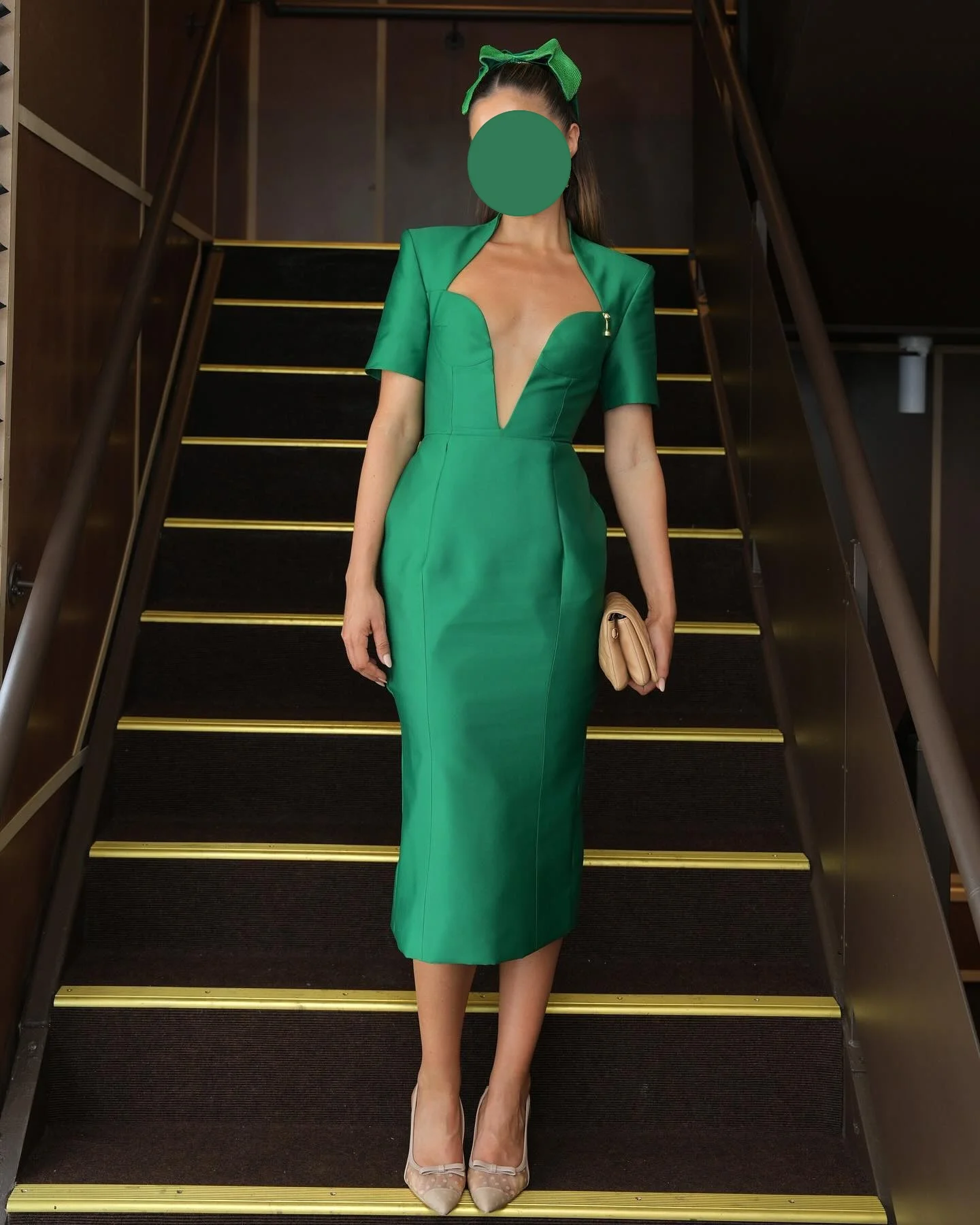 

Vintage Satin Evening Dresses Deep V-neck Short Sleeve Tea-Length Cocktail Party Dress Women's Elegant Special Occasion Gowns