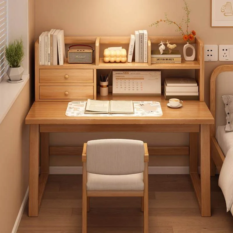 Solid wood desk bookshelf integrated table student home study writing table simple table bedroom cover cloth cart