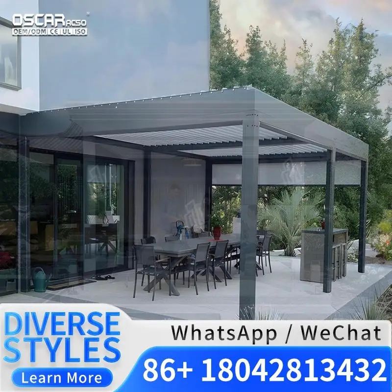 Outdoor Motorized Aluminum Louvered Roof with Waterproof Dimmable RGB Lights Contemporary Bioclimatic Shade Structure for Garden