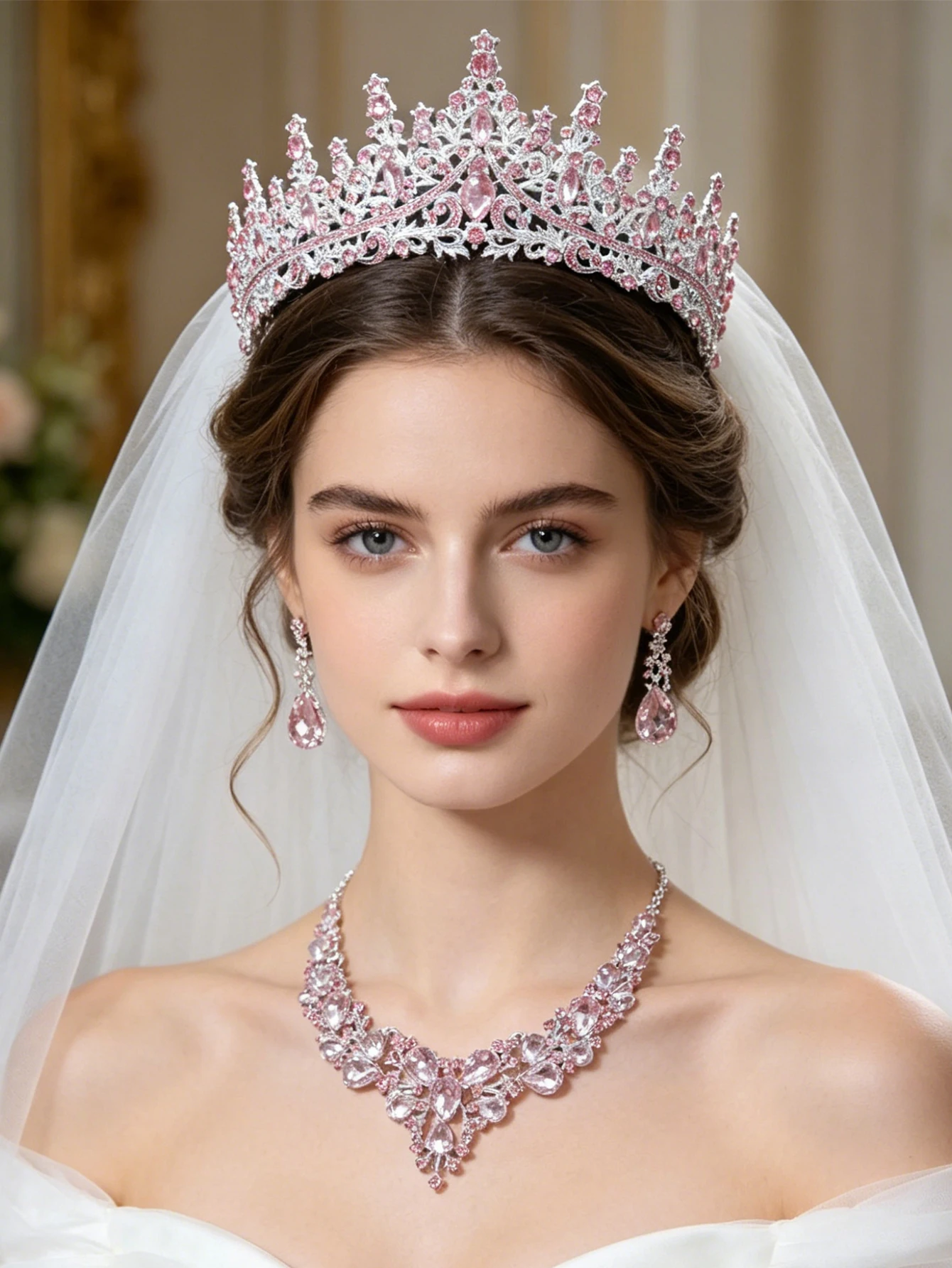 Pink Bridal Jewelry Rhinestone Tiara Crown Necklace Earrings Elegant Princess Accessories Wedding Prom Birthday Formal Occasions