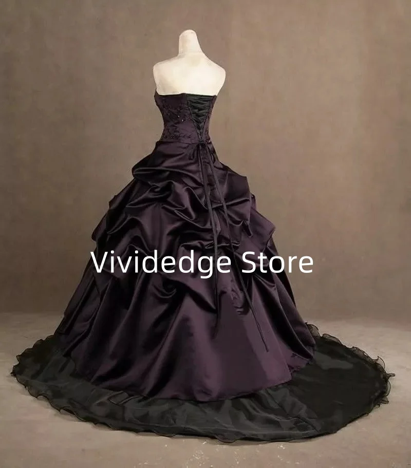 Customized Gothic Black and Purple Wedding Dresses Off Shoulder Ruffles Satin Bridal Gowns vestidos de novia de talla grande