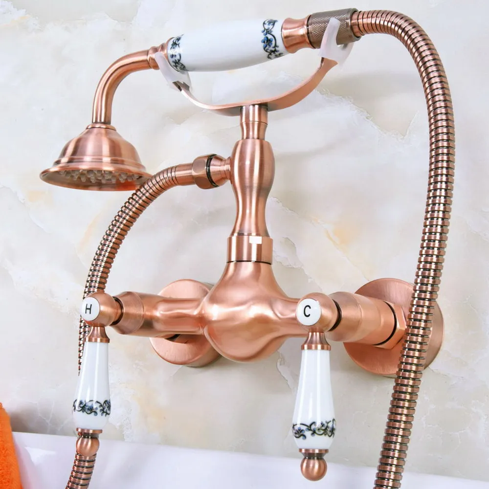 

Antique Copper Wall Mounted Bathroom Shower Faucet Set with 1500MM Hose Handheld Spray Head Mixer Tap Dna307