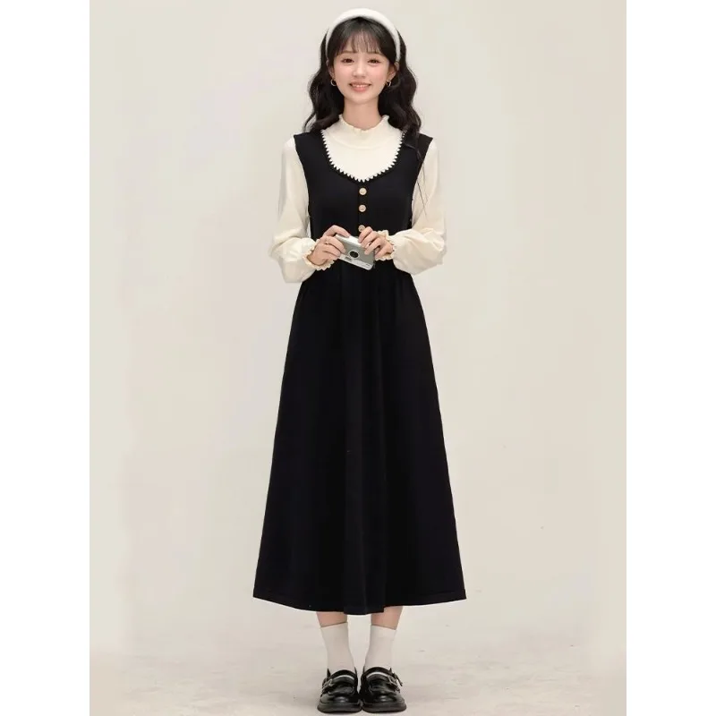 Robe noire faux deux pièces à la taille, vêtements doux, jupe longue française Super belle, jupe populaire de cette année, automne