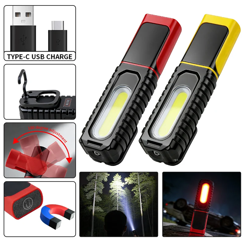 180° Rotating LED Flashlight Magnetic COB Work Light with Hook Pen Clip Maintenance Light Car Repair Lamp Outdoor Camping