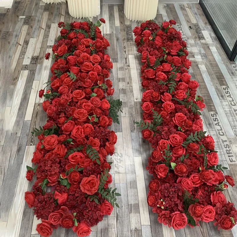 Luxury Red rose Artificial Flower Row Wedding Decor Table Centerpieces Flower Ball Floral Arrangement Party Props Long Runner