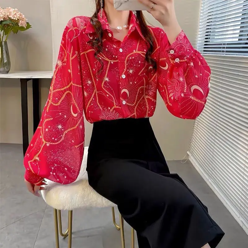 Women\'s Shirt Lapel Spring New Loose Lantern Sleeve Solid Color Printed Chiffon Top POLO Collar Single Breasted Simple Commuting