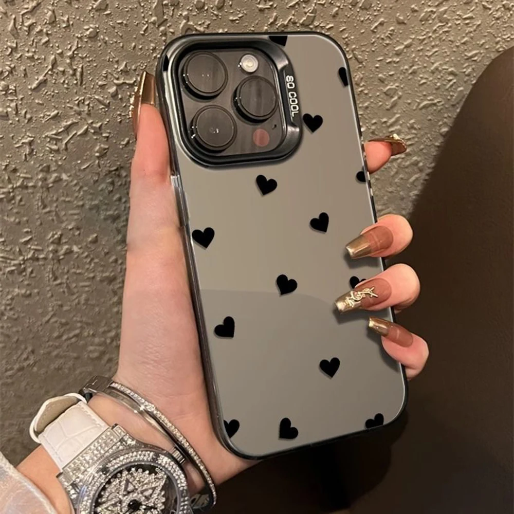 

Luxury Black Love Heart Polka Dot Pattern Phone Case For iPhone 16 15 14 13 12 11 Pro Max 16Promax Fashion Shockproof Back Cover