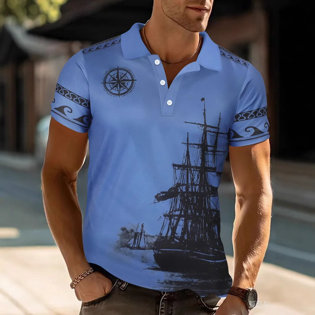 

The 2025 summer new sailboat pattern printed POLO shirt for men with a lapsed casual and fashionable street short-sleeved top