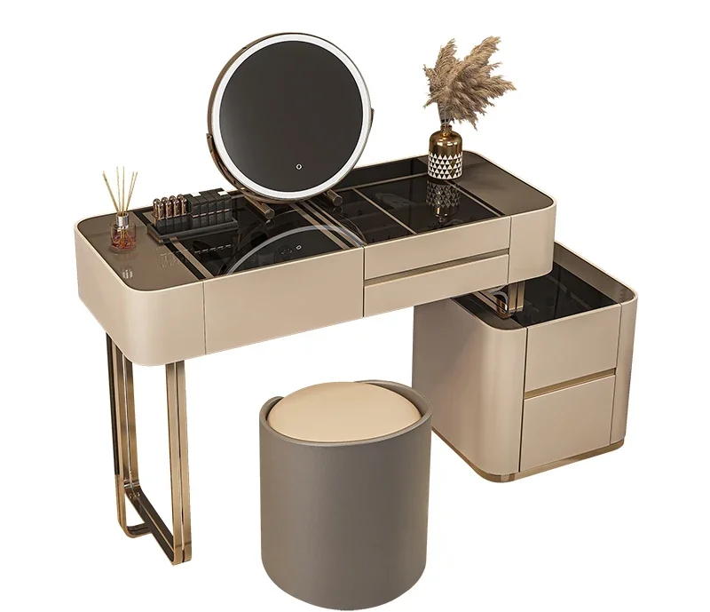 

# Hot Luxury Makeup Vanity Table Wooden Minimalist Bedroom Glass Vanity Table Chair Led Mirror Schminkt Tisch Home Furniture YY5