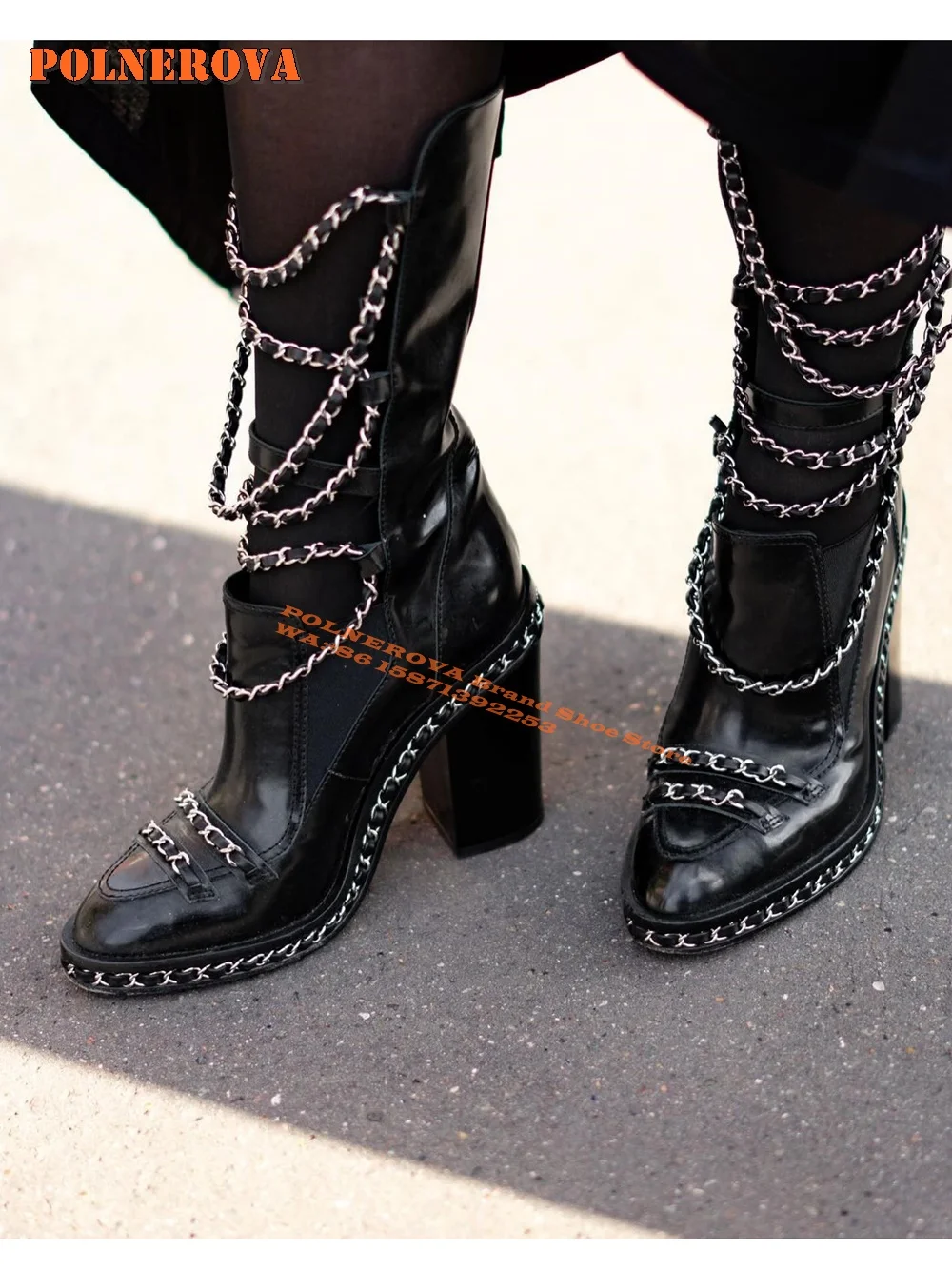 Black Chain Decor Patent Leather Boots Pointer Toe Rivet Chunky Heels Solid Cut Out Patch Zip Fashion Ankle Boots 2024 New Style