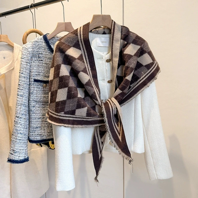 Damska dwustronna chusta trójkątna z imitacji kaszmiru, peleryna, okrycie wierzchnie, ciepła chusta w szachownicę, szale i etole.
