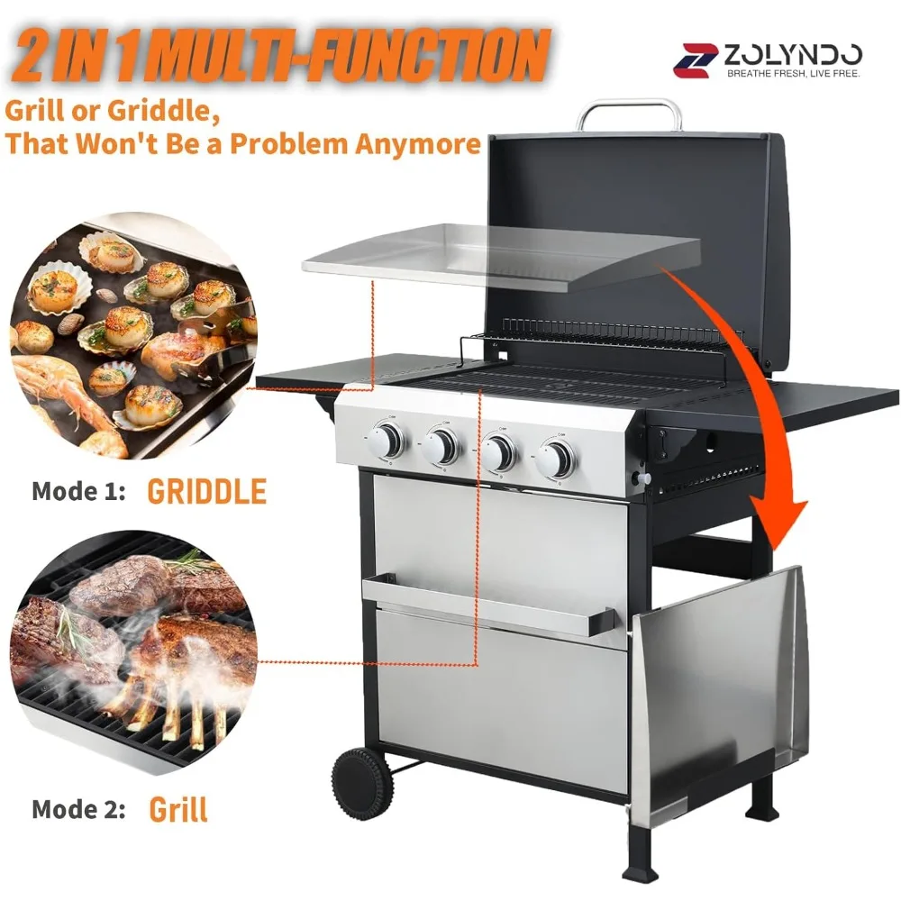 4 Burner Grill, 2 in 1 Propane Gas w/Enameled Cast Iron Grids and Stainless Steel Plancha,Portable Gas Grills Propane, 49200 BTU