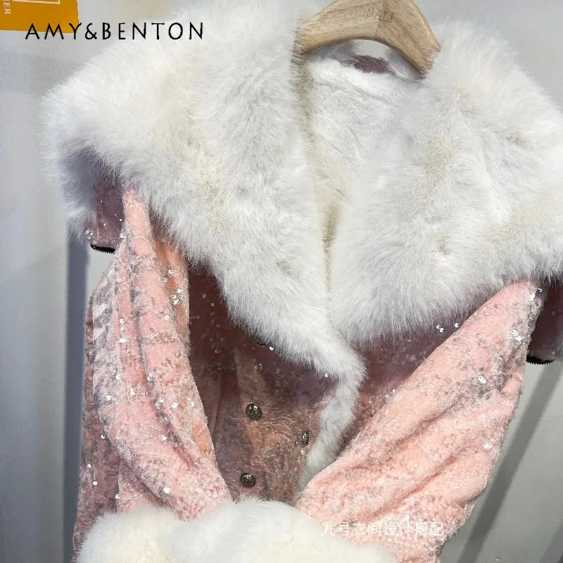 Elegant Chic Luxury Heavy Embroidery Sequin Eco-Friendly European Mink Furry Coat New Winter Double-breasted Faux Fur Jacket