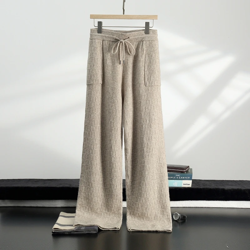 Winter cashmere pants men wear solid color thick warm wool pants knit pants men's wide leg casual  men