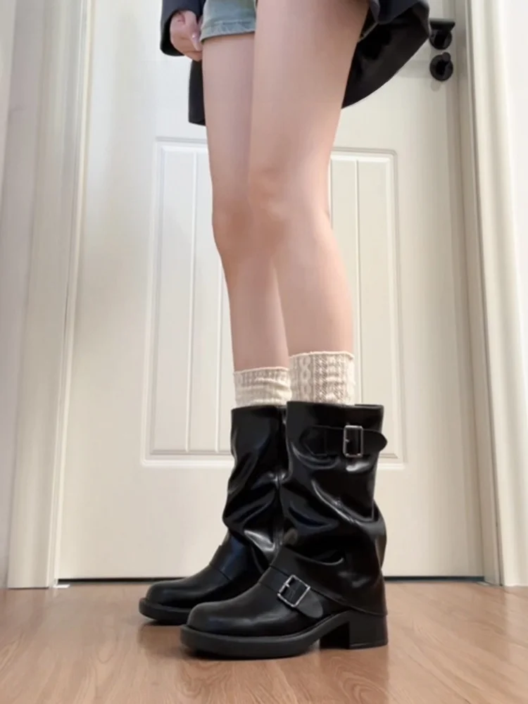 

Retro Western Cowboy Boots Women's Folded Thick Bottom round Head Knight Boot Short Tube Pants Boot Korean Style Fashion Boot