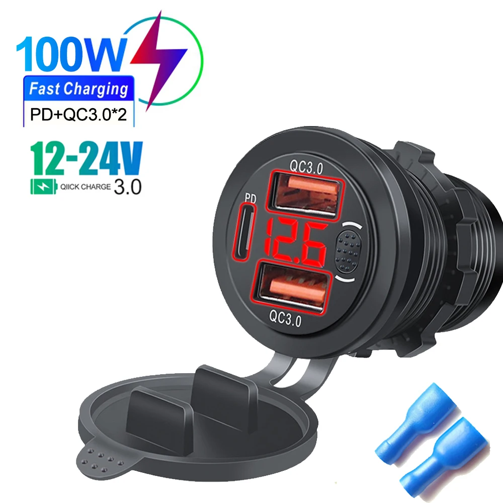 Drie Poorten Autolader PD Dual QC3.0 USB Lader Socket met Met Digitale Voltmeter Knop Schakelaar 12 V/24 V voor Motor Auto