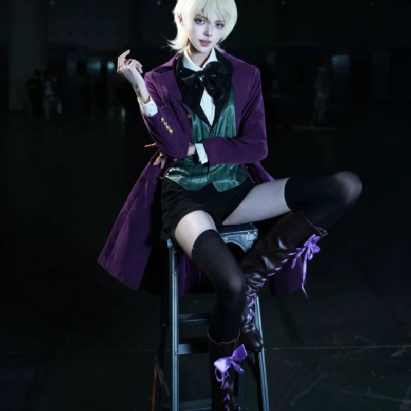 Black Butler II Alois Trancy Cosplay Costume Purple Long Coat Forest Green Vest Full Set with Stockings for Men Cosplay Party view 3