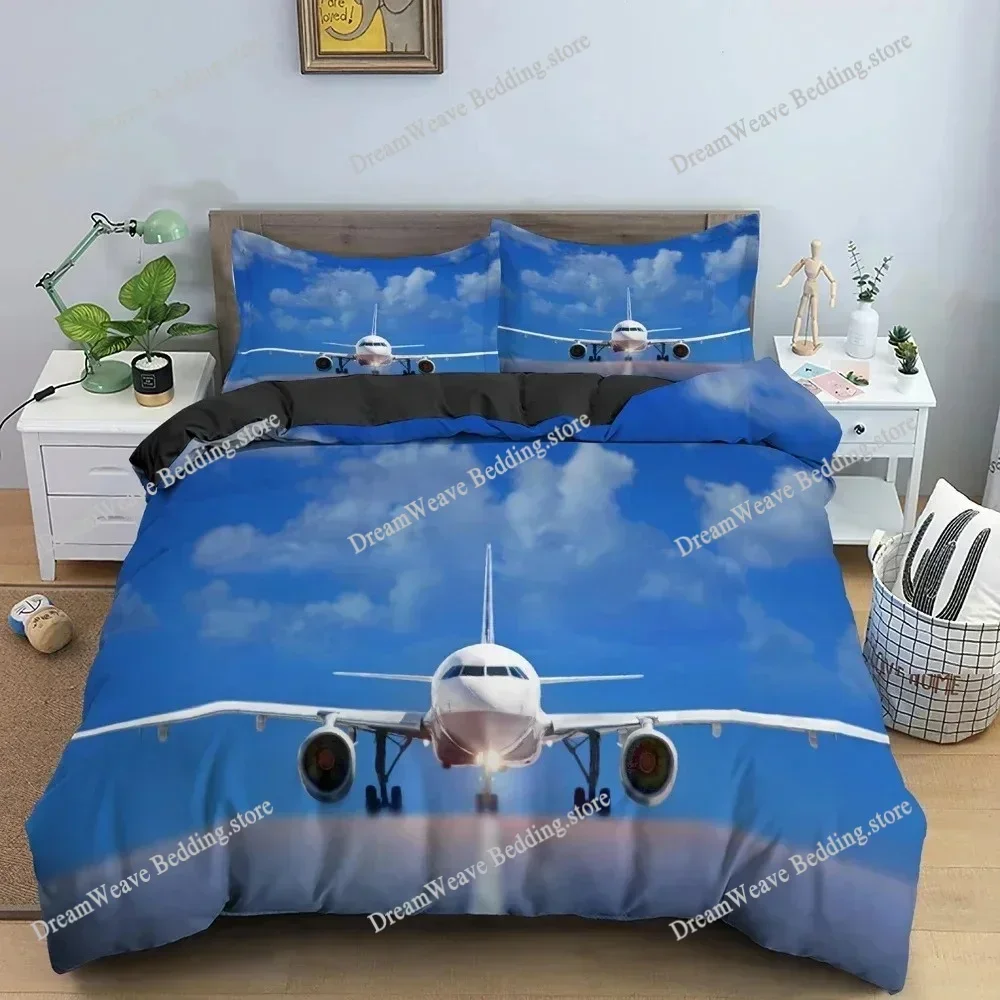 Boys Airplane Duvet Cover Set Children Teens Aviation Aircraft Runway Bedding Set 3D Airplane Cover Room Decortion for AdultsFQH
