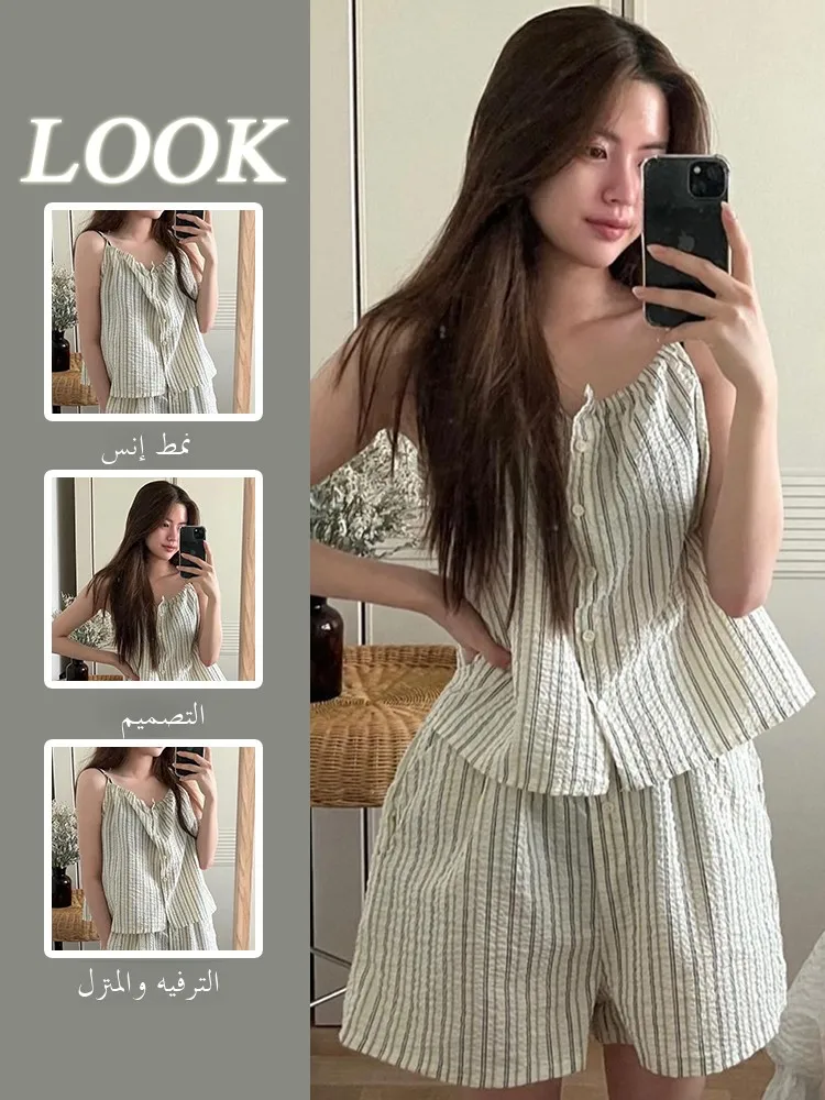 

Summer New Women's Pure Desire Striped Cotton Linen Spwear Casual Home Clothes Set ort Pants Comfortable Breathable