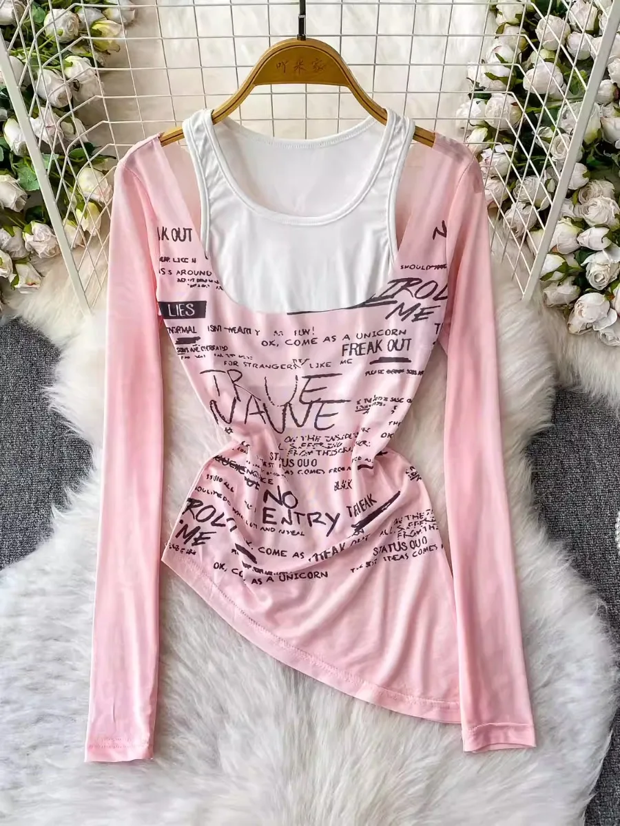 

Foamlina Girl Sheer Print Faux Two Piece Patchwork Round Neck T Shirt Women Summer New Irregular Slim Fit Top T-shirt