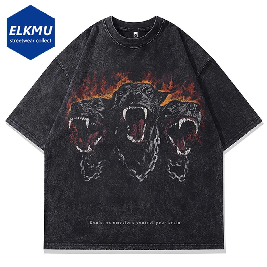 

Men Tshirt Vintage Flame Rottweiler Doberman Dog Graphic Print Washed T-Shirt Hip Hop Punk Streetwear 2024 Harajuku Black Tops