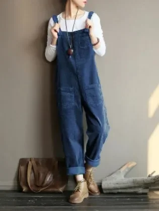 Vintage Corduroy Jumpsuits Women's Autumn Pants 2025  Casual Suspender Wide Leg Playsuits  Rompers Trousers
