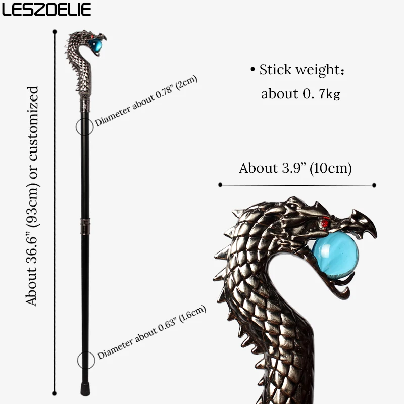 Tongkat Jalan Mewah Berkepala Naga Perak dengan Bola Kristal Biru Danau Tongkat Dekoratif Modis untuk Pria dan Wanita Pesta Vintage