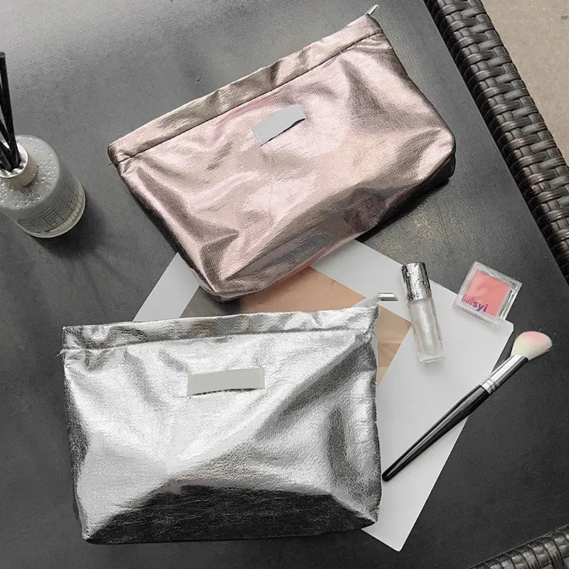 Korean Ins Large Capacity Shining Makeup Bag Premium Silver Women Travel Cosmetic Bags Toiletry Storage Pouch Handbag Fashion