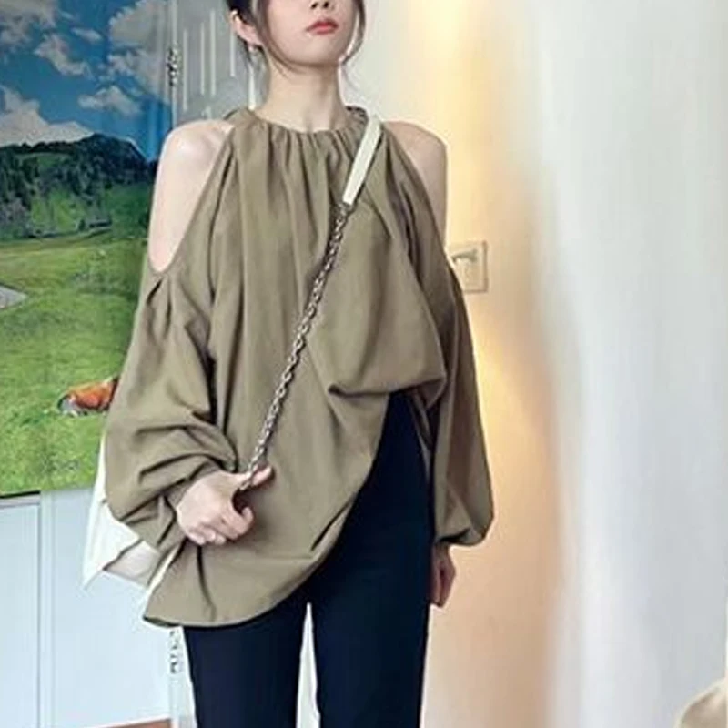 

Spring New Round Neck Fashion Lantern Sleeve Blouse Women High Street Solid Color Pullovers Elegant Off Shoulder All-match Tops