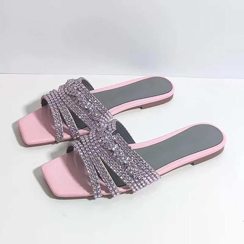 Summer Shiny Rhinestone Decor Flat Slippers Women's Square Toe Hallow Outs Casual Sandals Outdoor Vacation Beach Shoes 2024