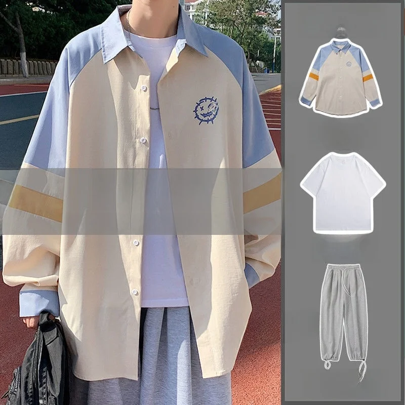 

Ice Silk Long Sve Men's irt Casual Set Youth Trendy Tee Piece Set Spring Summer Faionable Loose Fit Printed Button D...