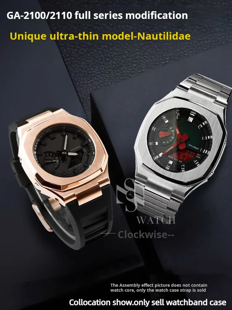 طقم عصري لساعة كاسيو G-SHOCK GA-2100 2110 B2100 حافظة من الفولاذ المقاوم للصدأ معدلة FKM حزام مطاطي فلوري أجزاء سوار معدني للرجال