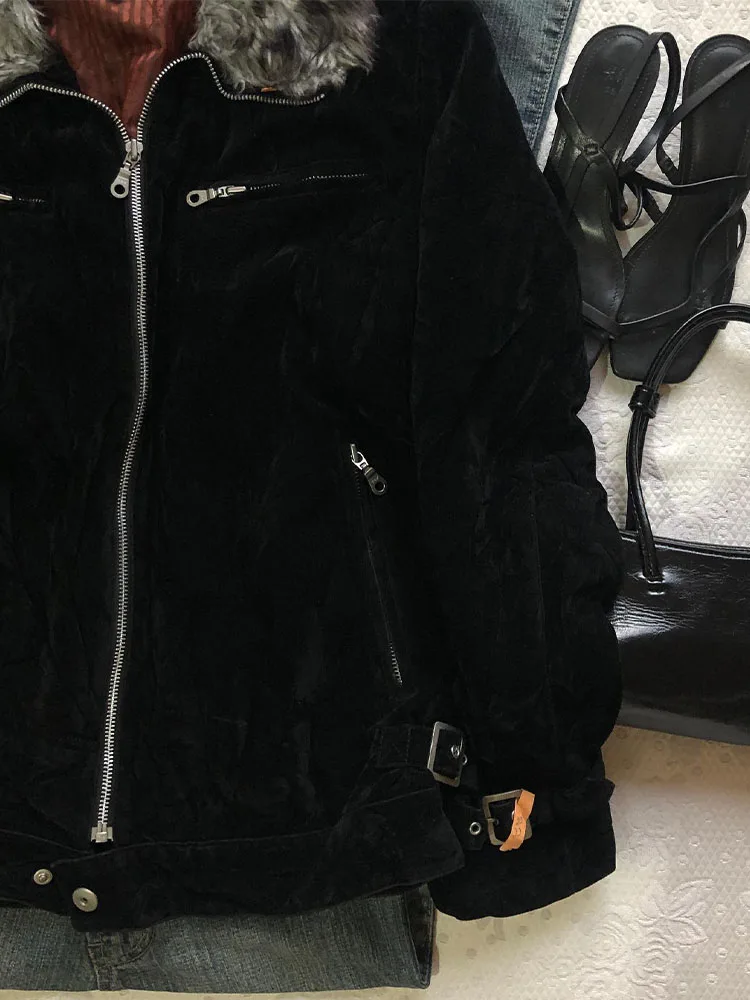 Thiened Bla Pelzkragen-Jacke Weiße Birnbaum-Ranke Retro Amerikanischer Stil Warm Modisch Herbst Winter Oberbekleidung Pendler-Stil