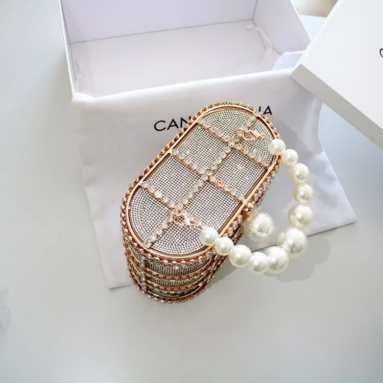 Luxury Metal Cage Pearl Beading Women\'s Handbag Shiny Rhinestones Diamond Evening Bag Wedding Party Clutch Purse Crossbody Bag