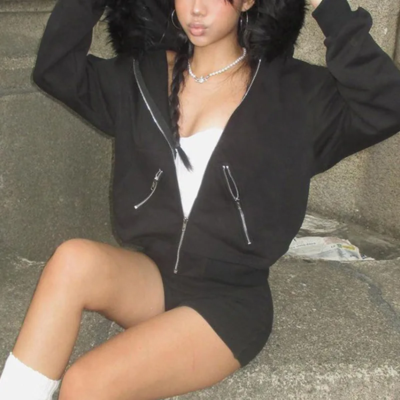 

Винтажная толстовка оверсайз с меховым воротником и карманами на молнии, повседневная, в стиле пэчворк, с капюшоном, в уличном стиле