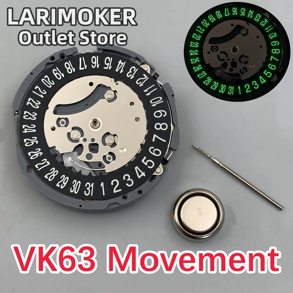 LARIMOKER Original VK63 Chronograph Quartz Movement Green Luminous 3 O'Clock Date Display with Battery Watch Accessories