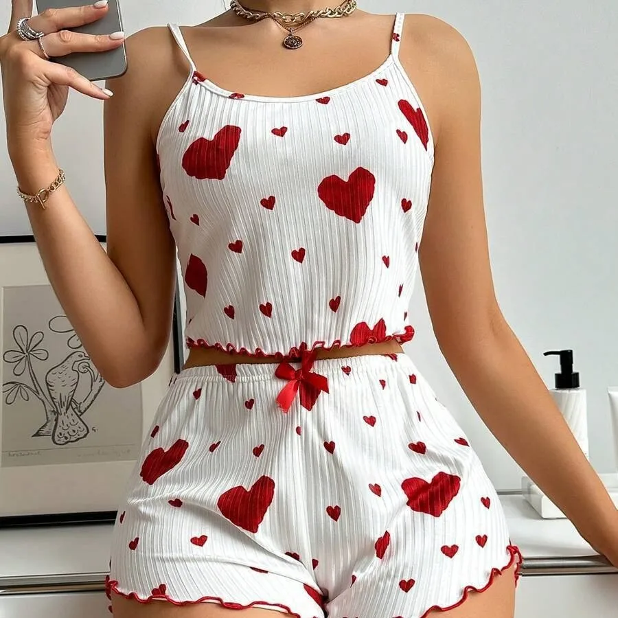 Women Summer Pajamas Heart Print Round Neck Backless Crop suspenders Top and Shorts Pajamas Set Women's Home Wear Loungewear