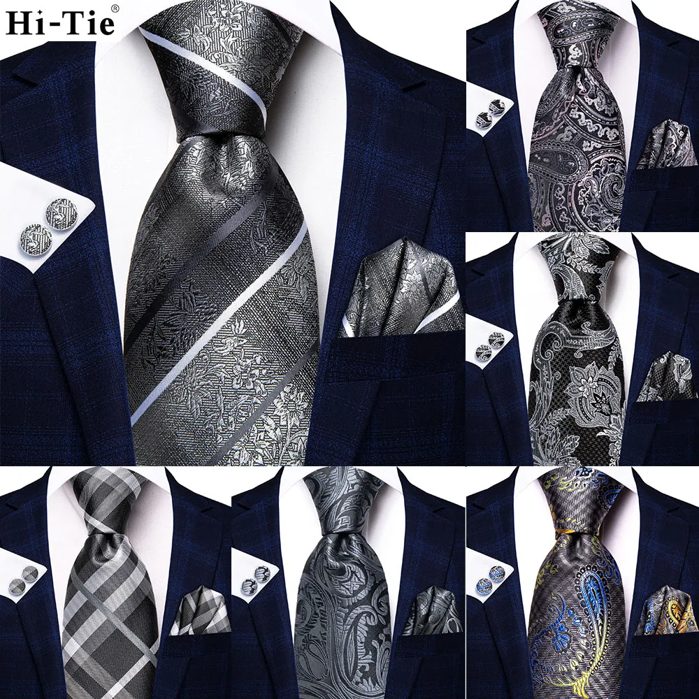 Grey Floral Striped 2022 New Men Tie Hanky Cufflink Set Silk Necktie For Men Wedding Party Business Men Tie Fashion Brand Hi-Tie