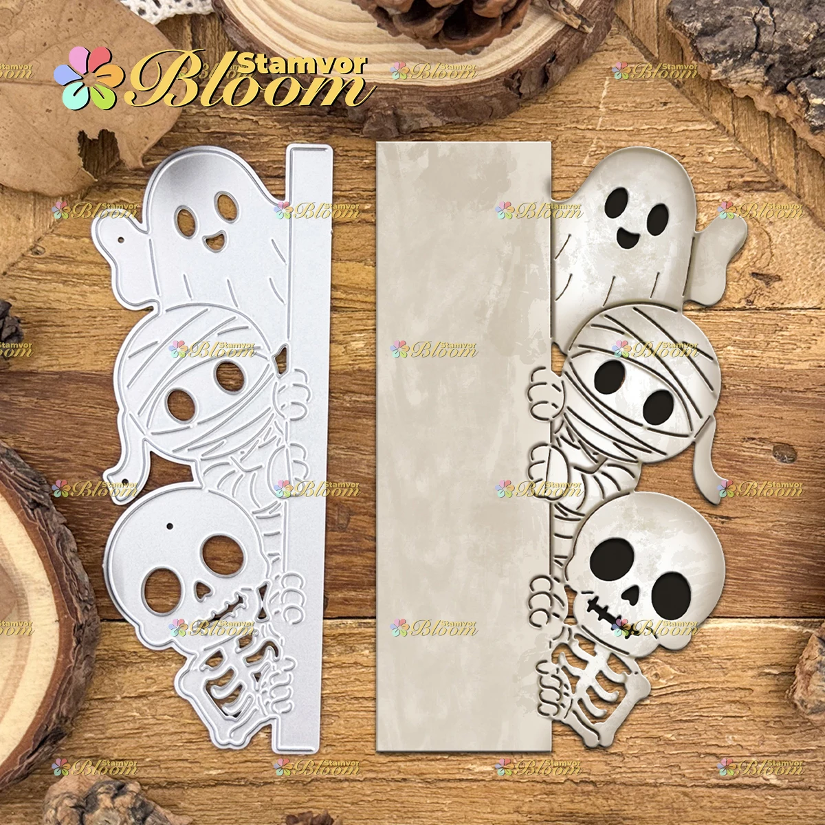 Original Niedliche Halloween-Geister-, Totenkopf- und Mumien-Stanzformen mit halbgeschnittenem Rand für Metallstanzungen, Scrapbooking und dekorative Prägung – Detail 1