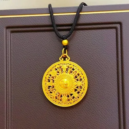 24K gold pendant eight treasure compass au999 pendant blessing hollow disc necklace braided rope female pure gold gift jewelry