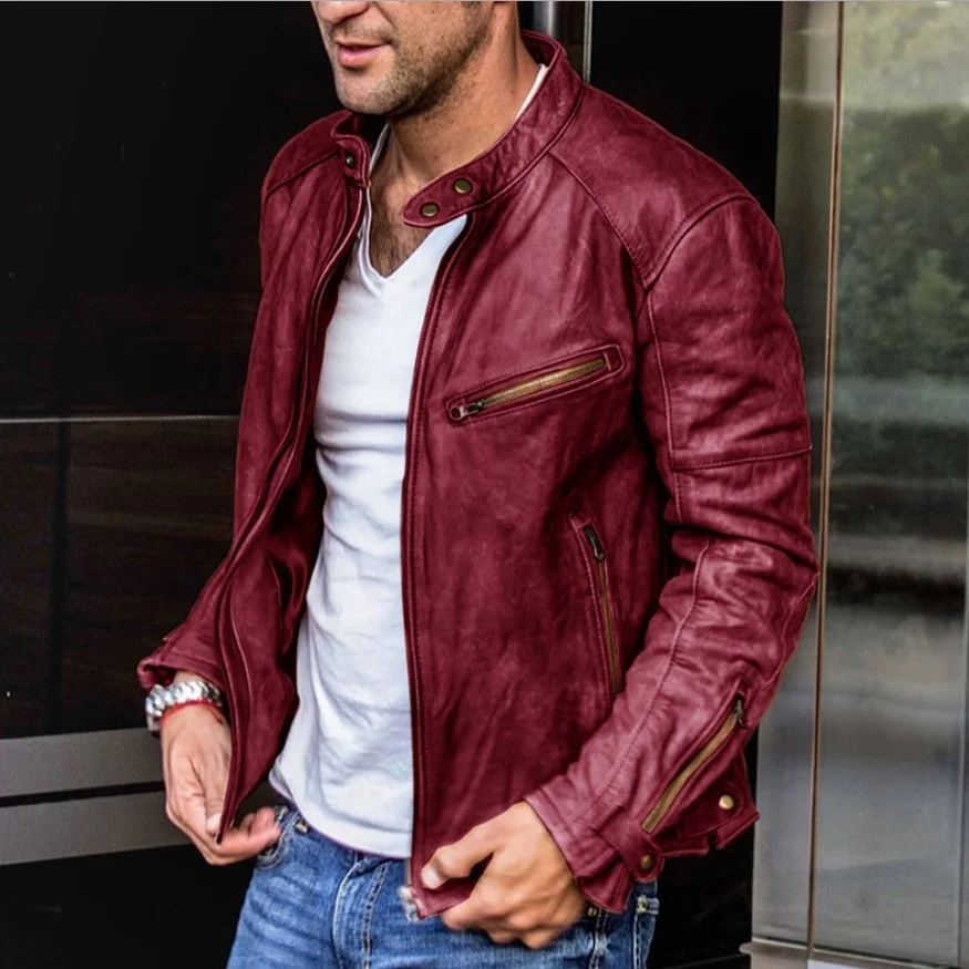 New European and American men's PU Leather Jacket European Size Stand Collar Punk Men's Motorcycle Leather Jacket