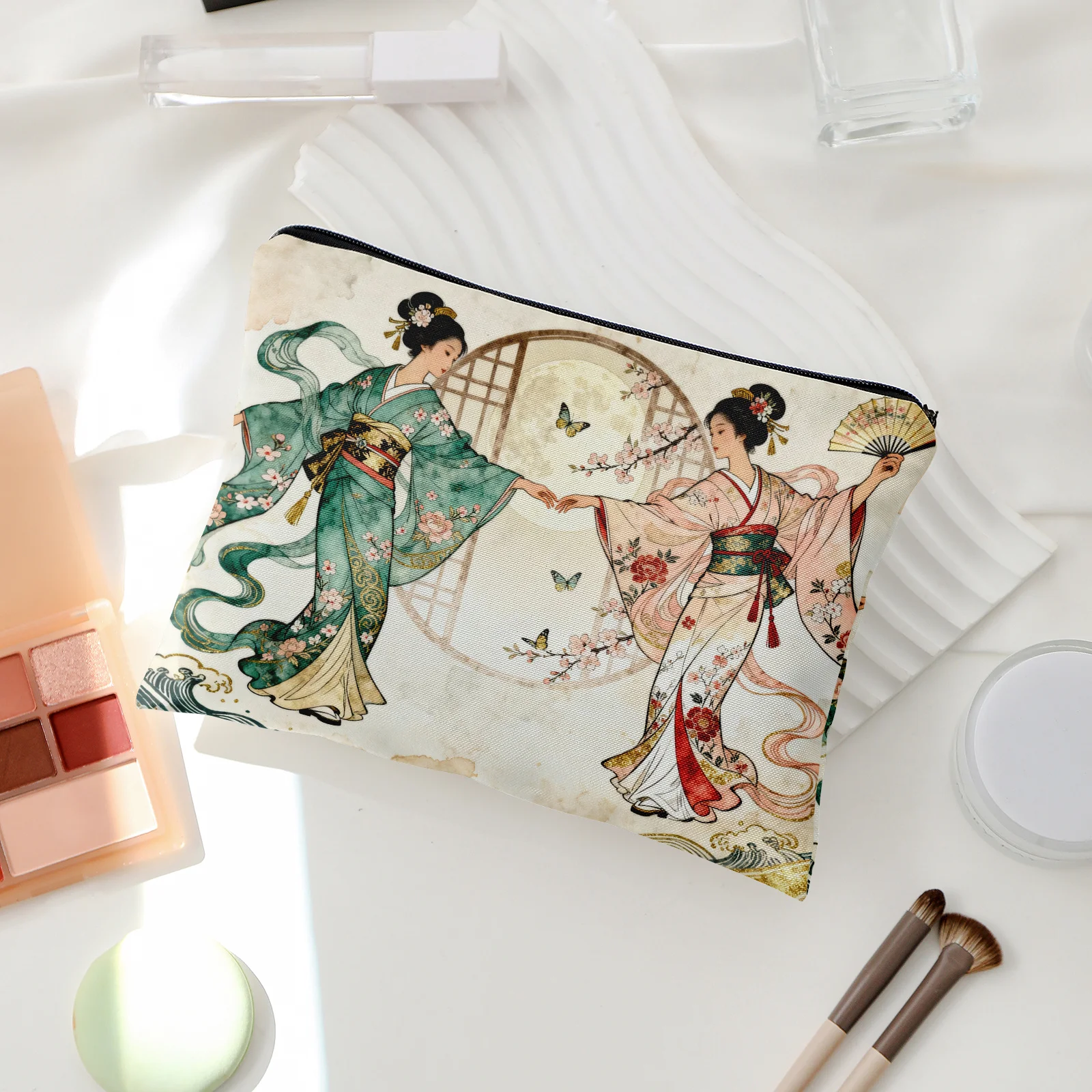 Japanese Classical Geisha Lined Storage Bag Double Sided Printed Makeup Pouch Travel Toiletry Bag Multi Purpose Organizer