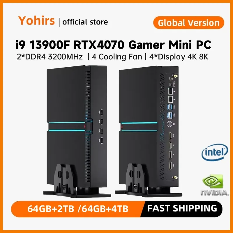 Yohirs 13 세대 i9 13900F i7 RTX4070 12G RTX4060Ti 고급 esports 게임 미니 컴퓨터, 2x DDR4 2x Lan 4x8K 디스플레이 데스크탑 PC