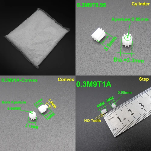 플라스틱 스퍼 기어 보어 조리개, 0.3 모듈러스, 9 톱니, 피니언 실린더, 볼록, 스텝, 1mm, 1A, 0.95mm, 9 T, 3.3MX3.5MM, 0.3 M, 로트당 20 개 