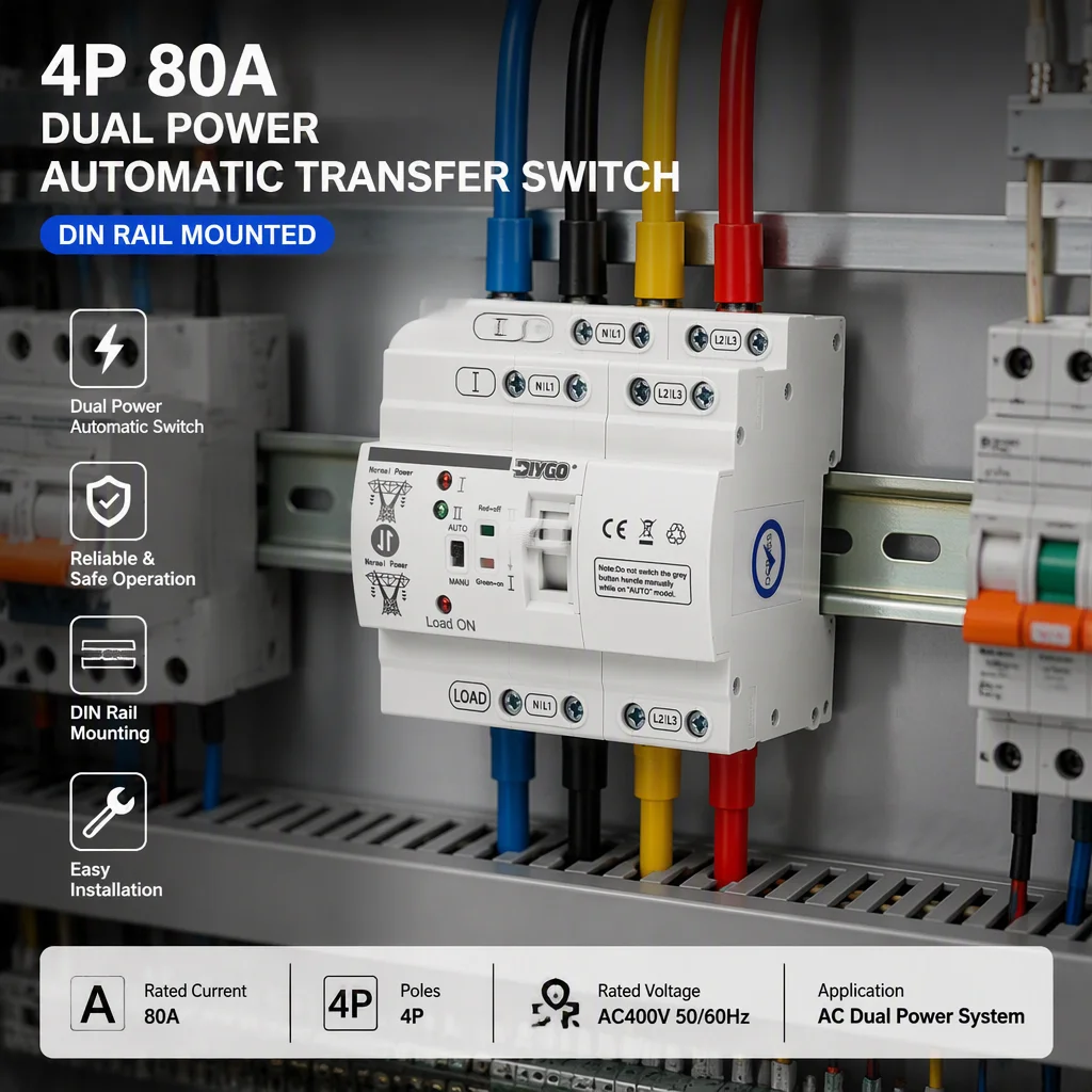 Din Rail 4P 80A ATS Dual Power Automatic Transfer Switch 220/110V Electrical Selector Switches Uninterrupted Power For Household