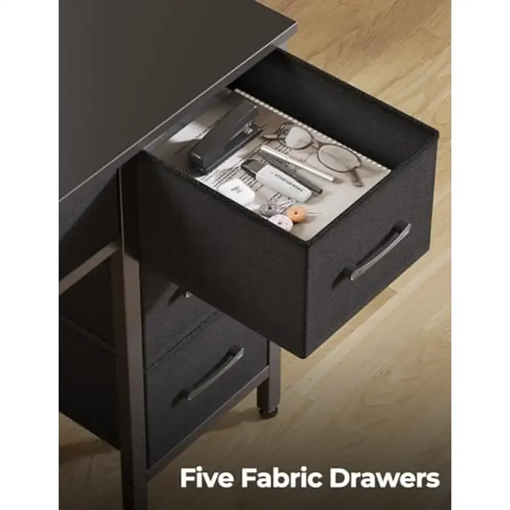 Desk with Power Outlets & LED Light 39" Home Office Writing Desk 5 Drawers Monitor Stand Keyboard Tray Gaming Desk Top Organizer