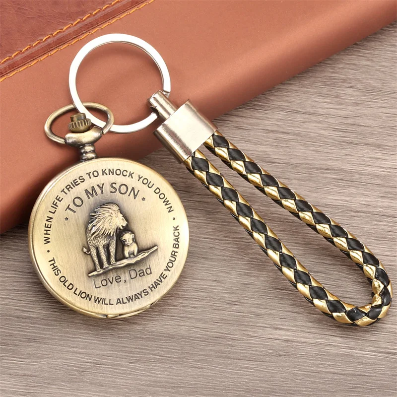 Personalized To My Son Pendant Pocket Watch Retro Quartz Analog Timepiece with Braided Leather Strap Best Present for Son