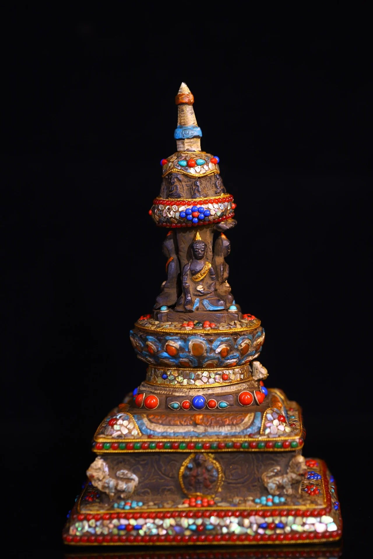 

11"Xizang Folk Collection Old Bronze Painted Mosaic Gem Shell Shakyamuni Buddha statue Buddha Pagoda Stupa Worship Hall